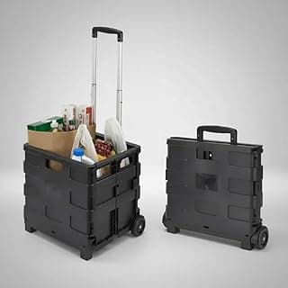 Carrinho Dobrável de Plástico Preto com Alça, Rodas e Tampa, 41 Litros, 25 kg, caixa 35x37x32 cm