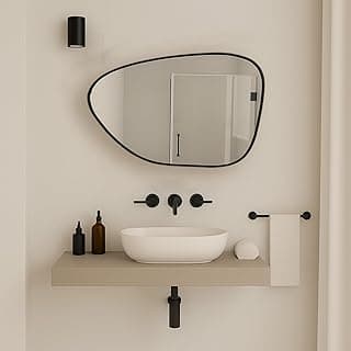 Espelho decorativo modelo Rocha 60x40 com suporte para parede preto em banheiro minimalista