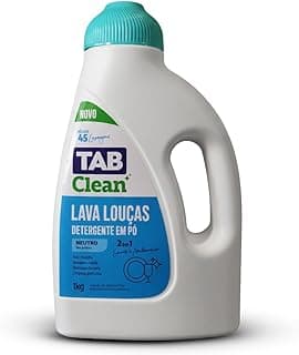 Detergente em pó TAB Clean 1kg para lava louças, frasco branco com tampa azul e etiqueta verde