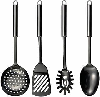 Kit de utensílios de cozinha inox preto com escumadeira, colher de arroz, espátula e pegador de massas