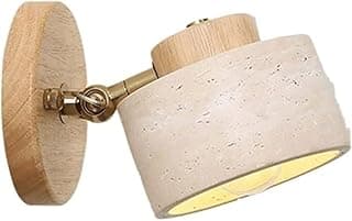 Luminária de parede moderna com base de madeira e refletor de pedra travertino, giratória e ajustável.