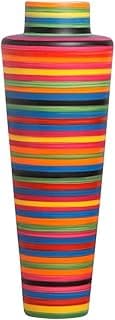 Vaso decorativo grande multicolorido em cerâmica para decoração de sala, com listras vibrantes.