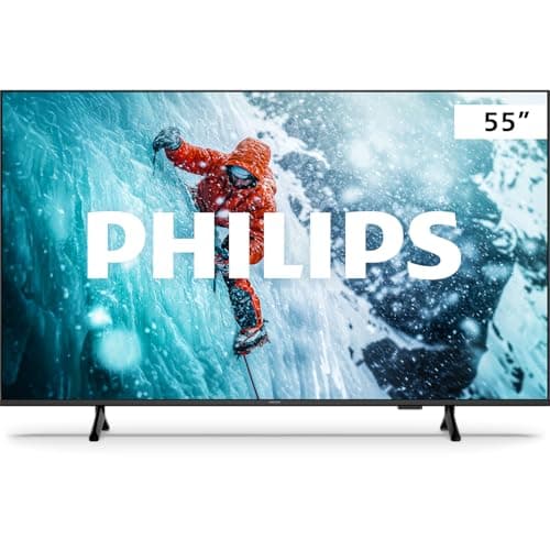 TV Philips Smart 55 polegadas 4K com cena de escalada em exibição