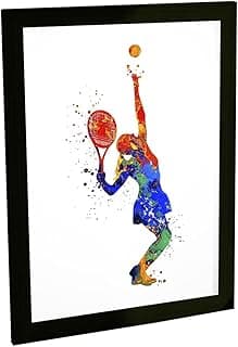 Quadro decorativo de mulher jogando tênis em estilo aquarela, cores vibrantes, fundo branco.