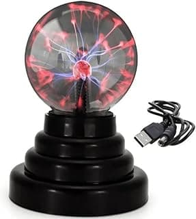 Lâmpada de plasma com raios vermelhos e azuis, base preta, cabo USB, fundo branco