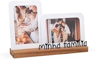 Porta Retrato Duplo Minha Família, 2 fotos 10x15cm, Moldura de Metal e Madeira, branco, preto - GEGUTON