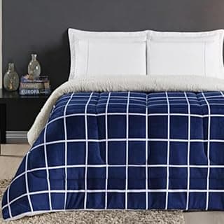 Cobertor solteiro azul e branco com estampa quadriculada, ideal para frio intenso.