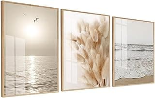 Quadros decorativos paisagem mar praia com folhagem bege boho moderno sem vidro