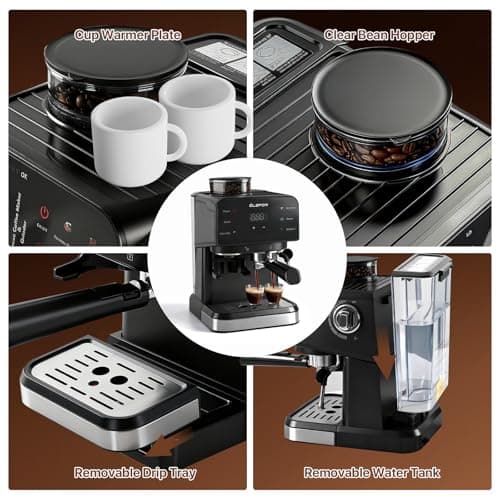 Elefor Máquina de café expresso 20 bar, cafeteira com moedor preto