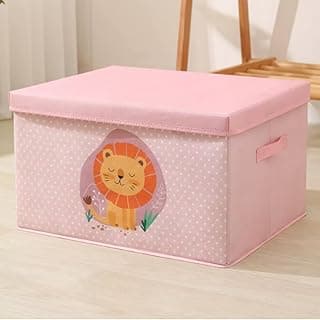 Caixa organizadora rosa com tampa e desenho de leão, 30 litros, decoração infantil