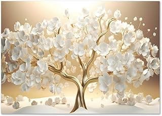 Quadro decorativo floral pintura árvore prosperidade em canvas branco e dourado