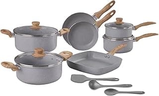 Conjunto de panelas e utensílios de cozinha cinza com cabos de madeira