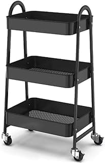 Prateleira de Metal Multiuso 3 Andares com Rodinhas, Preta, 77x30x45cm, Organizador Portátil para Cozinha, Banheiro, Escritório