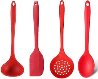 Kit Utensílios de Silicone Premium Completo - Colher de Arroz, Concha, Escumadeira e Espátula Pão Duro (Vermelho)