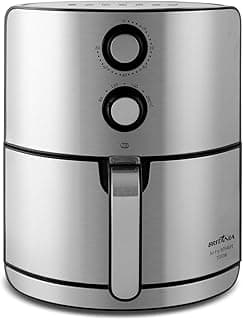 Fritadeira Air Fryer Britânia BFR46PI 4,6L, aço inoxidável e preto, display analógico, controles de botão, marca BRITÂNIA.