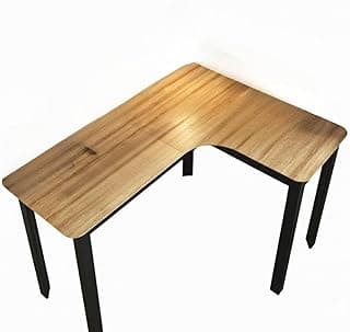 Mesa gamer em L 120 cm, madeira escura com bordas pretas, ângulo lateral, fundo branco