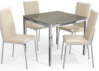 Kit mesa quadrada 4 cadeiras couro sintético bege metal cromado vidro