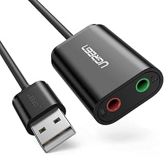 Adaptador de áudio USB Ugreen externo estéreo preto com conectores USB e 3,5 mm
