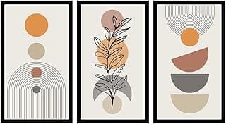 Kit de 3 quadros decorativos geométricos modernos com folhagem e círculos, molduras pretas, cores bege, marrom, laranja e cinza.