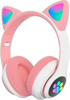 Fone de Ouvido Infantil Bluetooth com Orelhas de Gato LED Ajustável Rosa para Celular