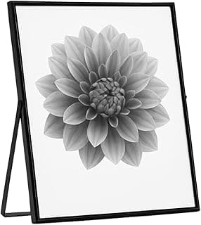 Porta-retrato de metal preto com vidro espelhado exibindo uma foto de dahlia em preto e branco.