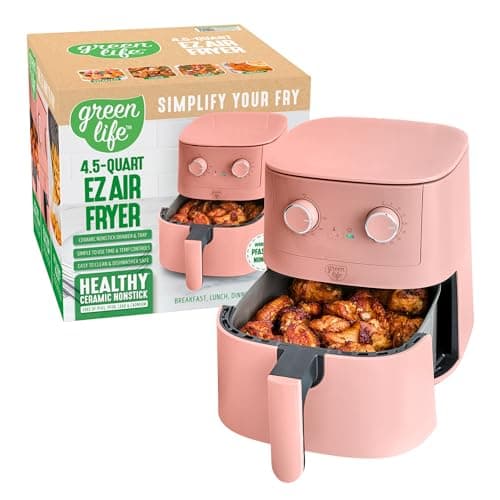 Fritadeira a ar GreenLife de 4,5 litros com controles mecânicos e gaveta antiaderente de cerâmica sem PFAS, cor rosa.