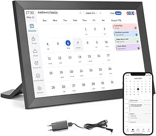 Calendário digital inteligente de 10.1 polegadas com tela sensível ao toque, acompanhado de smartphone e carregador.