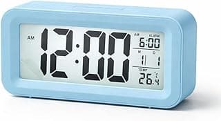 Relógio digital azul com display de tempo, temperatura e calendário