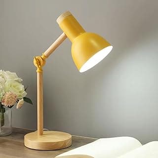 Luminária abajur de mesa articulada amarela com base em madeira natural