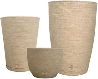 Kit de 3 vasos decorativos de plantas com acabamento grafiato, alturas de 20, 31 e 44 cm, cor areia