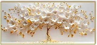 Quadro decorativo em relevo árvore da vida branca e folhas douradas