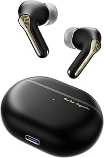 Fones de ouvido Bluetooth SoundPEATS Capsule3 Pro+ com cancelamento de ruído, preto e dourado, com estojo de carregamento e porta USB-C.