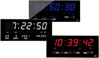 Três relógios digitais LED super grandes com fundo branco, mostrando tempo, data, mês, ano e temperatura.