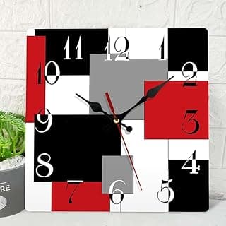 ArtSocket Relógio de parede de madeira, 25 cm, silencioso, sem tique-taque, cinza, vermelho, preto, abstrato, geométrico, minimalista, quadrado, quadriculado, rústico, operado por bateria