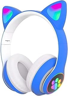 Fone de Ouvido Infantil com Orelhas de Gatinho RGB Ajustável Azul Bluetooth