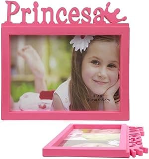Porta-retrato infantil rosa com a palavra Princesa e foto de menina sorrindo