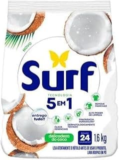 Surf Detergente em Pó, 5 em 1, Delicadeza do Coco, Branco, 1,6 kg, 24 Lavagens, Alto Poder de Limpeza