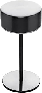 Luminária de mesa circular com cúpula branca e base preta, estilo moderno.