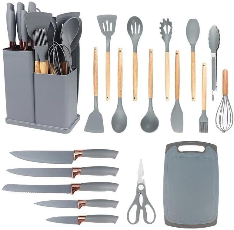 Kit Completo Jogo de Cozinha Luxo 19 Peças Com Tábua em Silicone Cabo Madeira Conjunto Completo Espátula Concha Colher Jogo Suporte Faca Antiaderente Tabua Tesoura Faqueiro PREMIUM (Cinza)