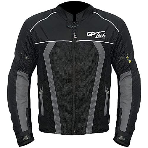 Jaqueta motociclista GP Tech Summer 2 unissex preta e cinza com proteção, vista frontal