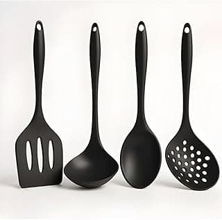 Kit de utensílios de cozinha em silicone preto com colher, espátula, concha e escumadeira