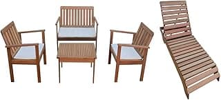 Conjunto de móveis de madeira para piscina e jardim com sofá, poltronas, mesa e espreguiçadeira.