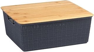 Caixa organizadora cinza com tampa de bambu, vista frontal.