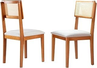 Duas cadeiras de jantar estofadas em madeira com encosto de rattan, cor marrom