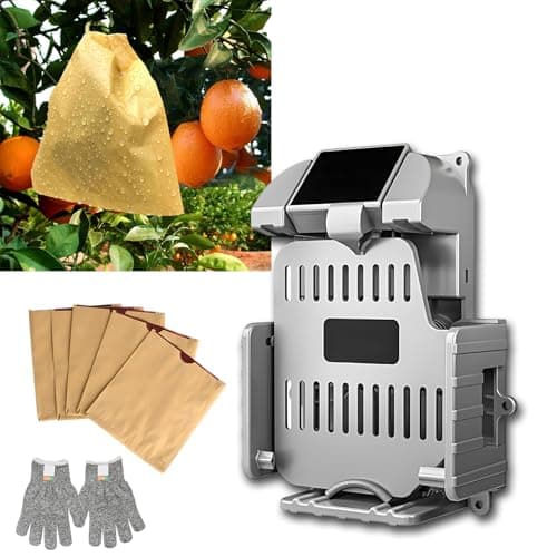 Ensacamento elétrico inteligente para frutas com sacos e luvas, máquina cinza e fundo branco