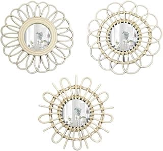 Espelho Boho de parede Boho decorativo de rattan branco, 30,5 cm, conjunto de 3