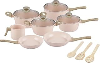 Jogo de panelas Mimo Style Premium com 10 peças em rosa claro, antiaderente, com utensílios de cozinha.
