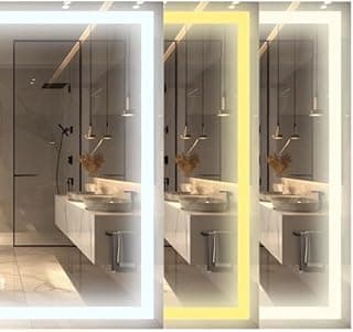 Espelho quadrado com LED em tons de branco, amarelo e azul, refletindo lavatórios e chuveiro em banheiro.