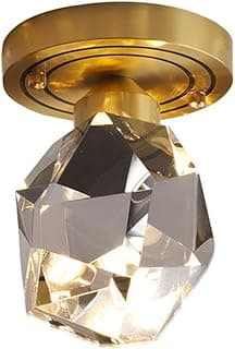 Plafon de teto geométrico de cristal multifacetado em suporte dourado, 10cm de diâmetro, 16cm de altura, brilho intenso.