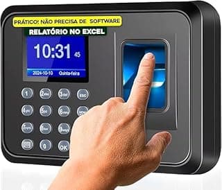 Relógio de ponto biométrico digital preto com tela digital, botão de impressão digital e texto informativo.